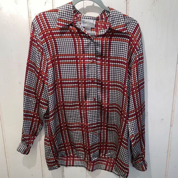 Diane Von Furstenberg Silk Vintage Red Black and White Windowpane Blouse Size Sm - Picture 2 of 8